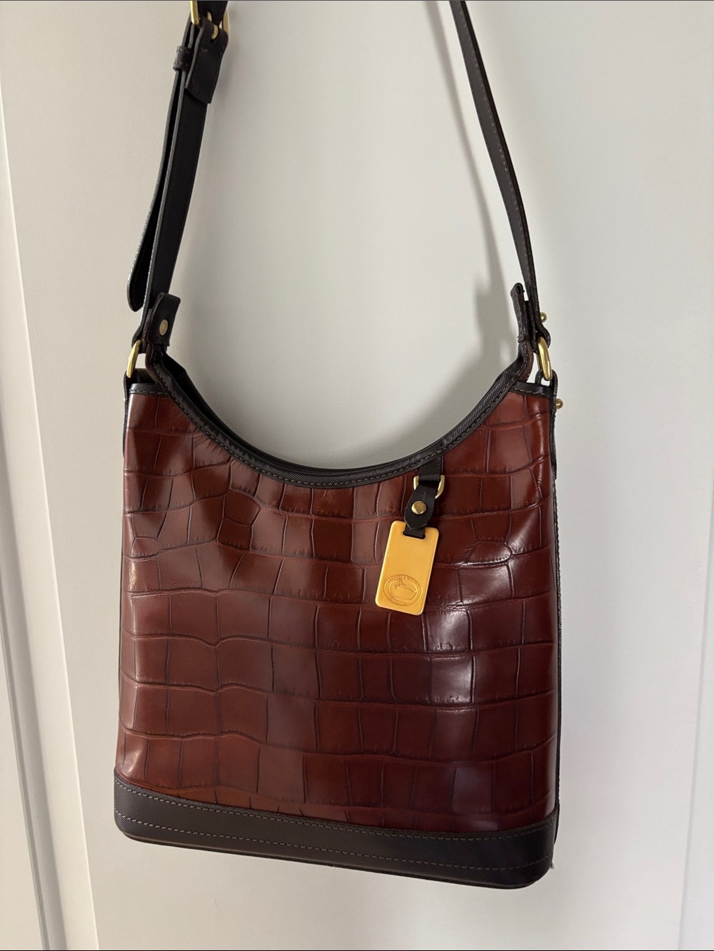 Dooney & Bourke Brown Croc-Embossed Leather Shoulder Bag with Dark Brown Trim